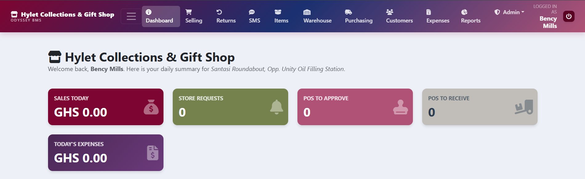Odyssey Business Management System dashboard with sales today, store requests, purchase orders to approve and receive, and expenses