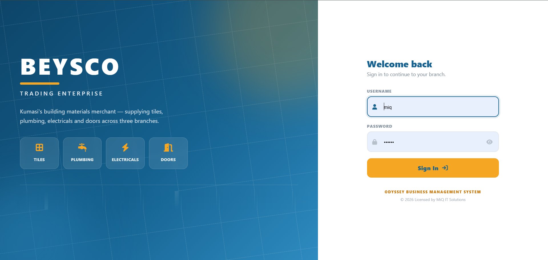 Branded sign-in screen for a building materials merchant with three branches