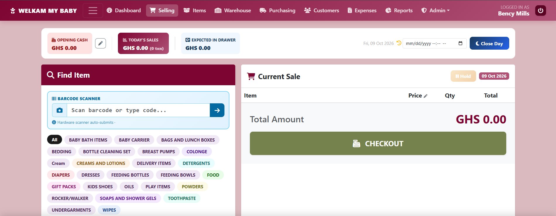Odyssey Business Management System selling screen with barcode scanner, product categories, the current sale and the cash drawer summary