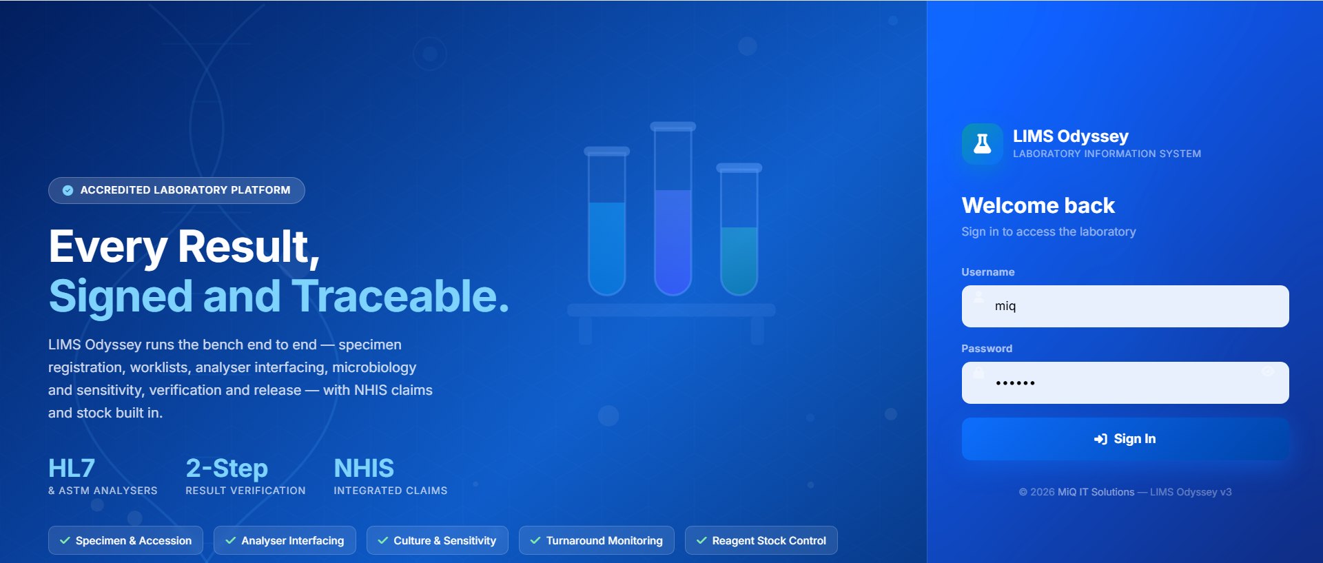 Odyssey LIMS sign-in screen: Every result, signed and traceable