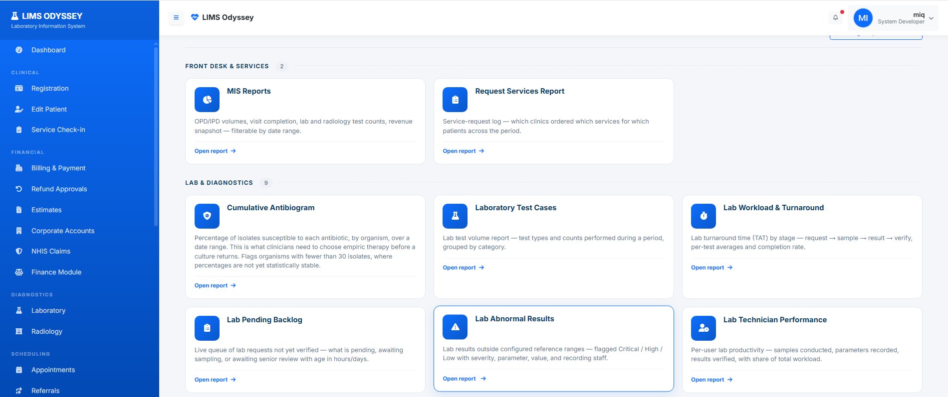 Odyssey LIMS reports including cumulative antibiogram, laboratory test cases, workload and turnaround, pending backlog, abnormal results and technician performance
