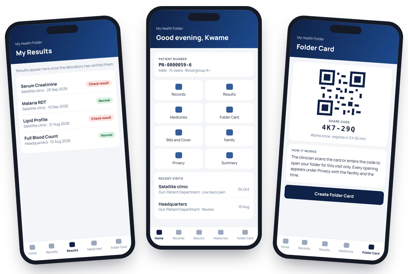 Patient portal on three phones: test results, the home screen with patient number and menu, and a folder card with QR code and share code