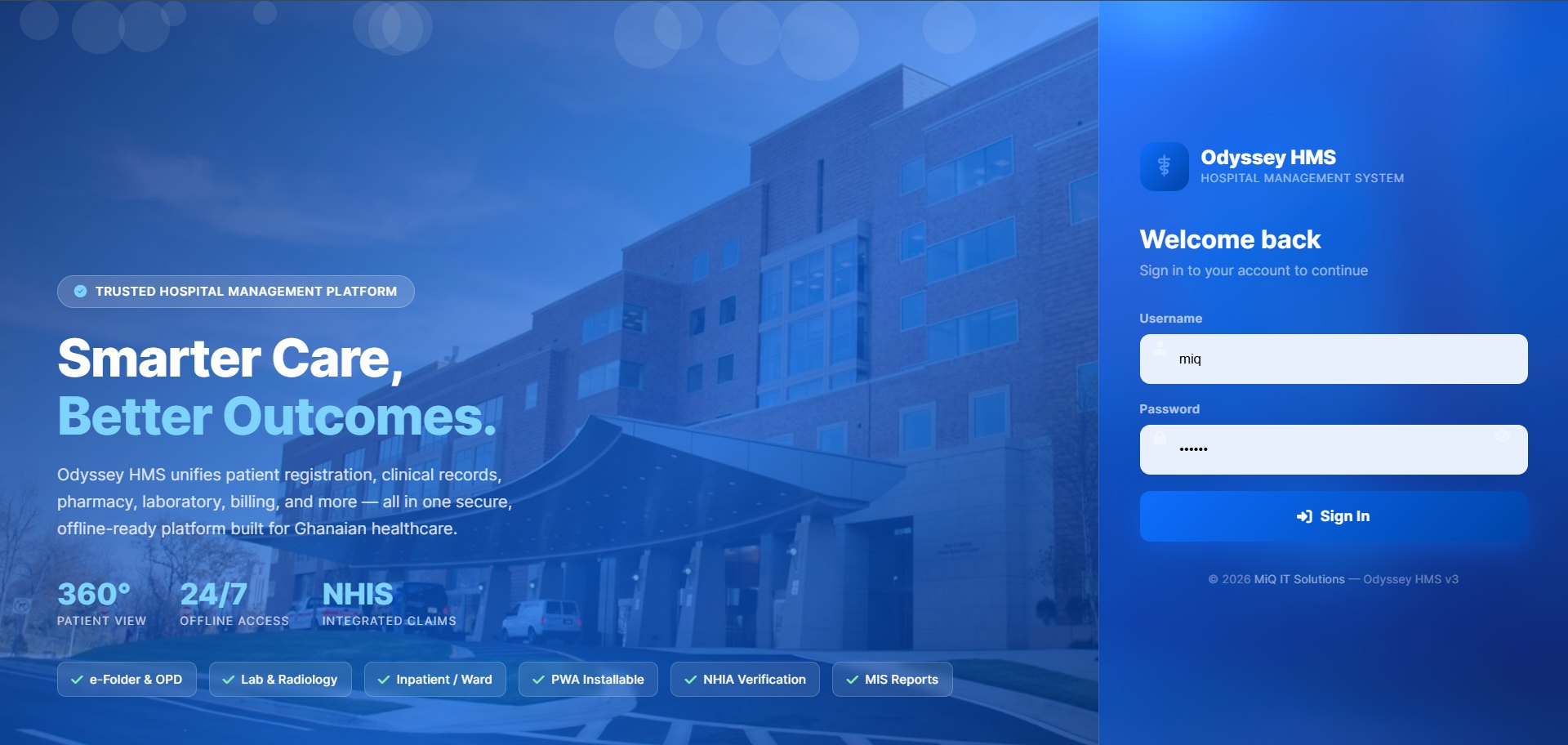 HIMS-Odyssey sign-in screen: Smarter care, better outcomes