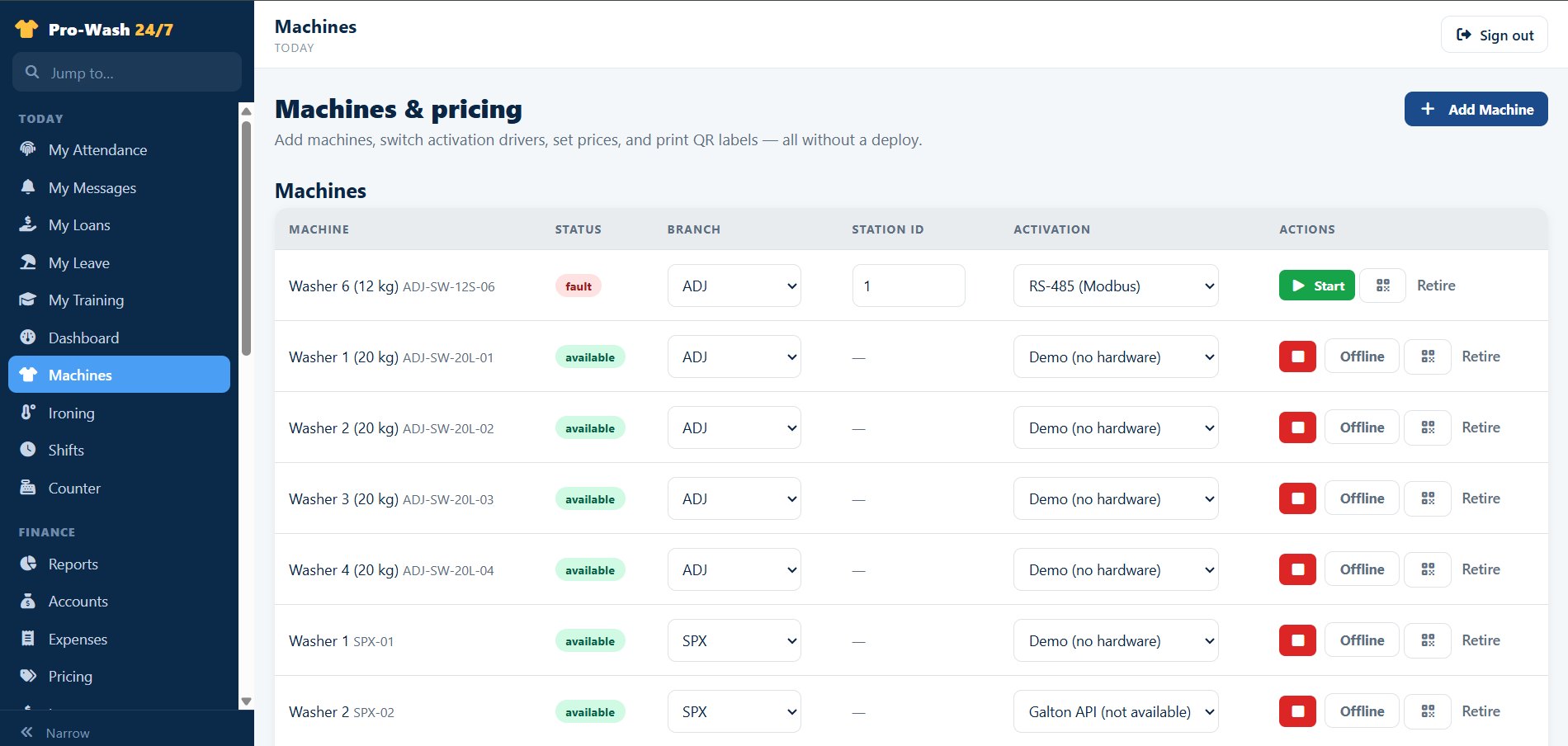 Pro-Wash machines and pricing screen listing washers by branch with status, activation method and QR label actions