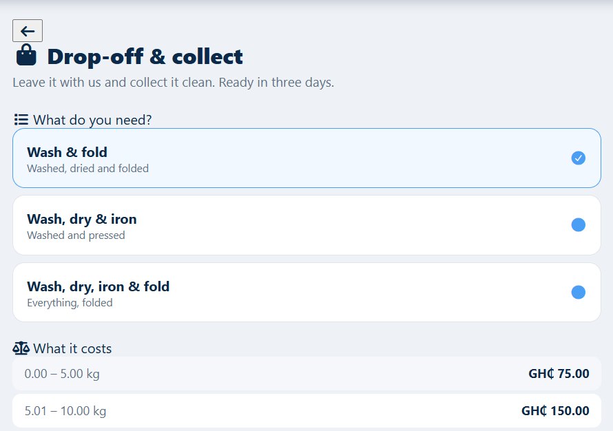 Pro-Wash drop-off and collect screen with service options and weight-band prices