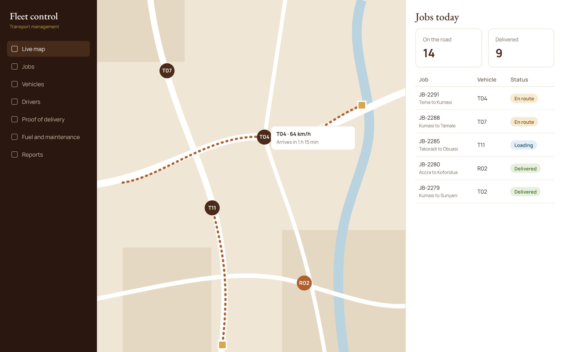 Fleet map showing trucks on the road and a list of today's jobs